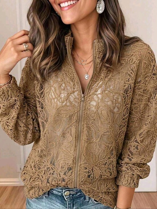 Jackets & Blazers - Women's Lace Overlay Zip-Up Jacket - Camel